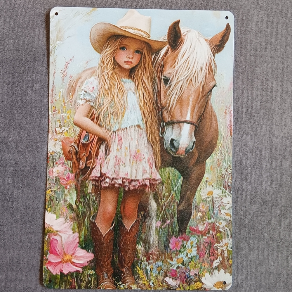 Boho Cowgirl Horse Metal Wall Art Tin Sign Western Whimsy Garden Patio Porch Art